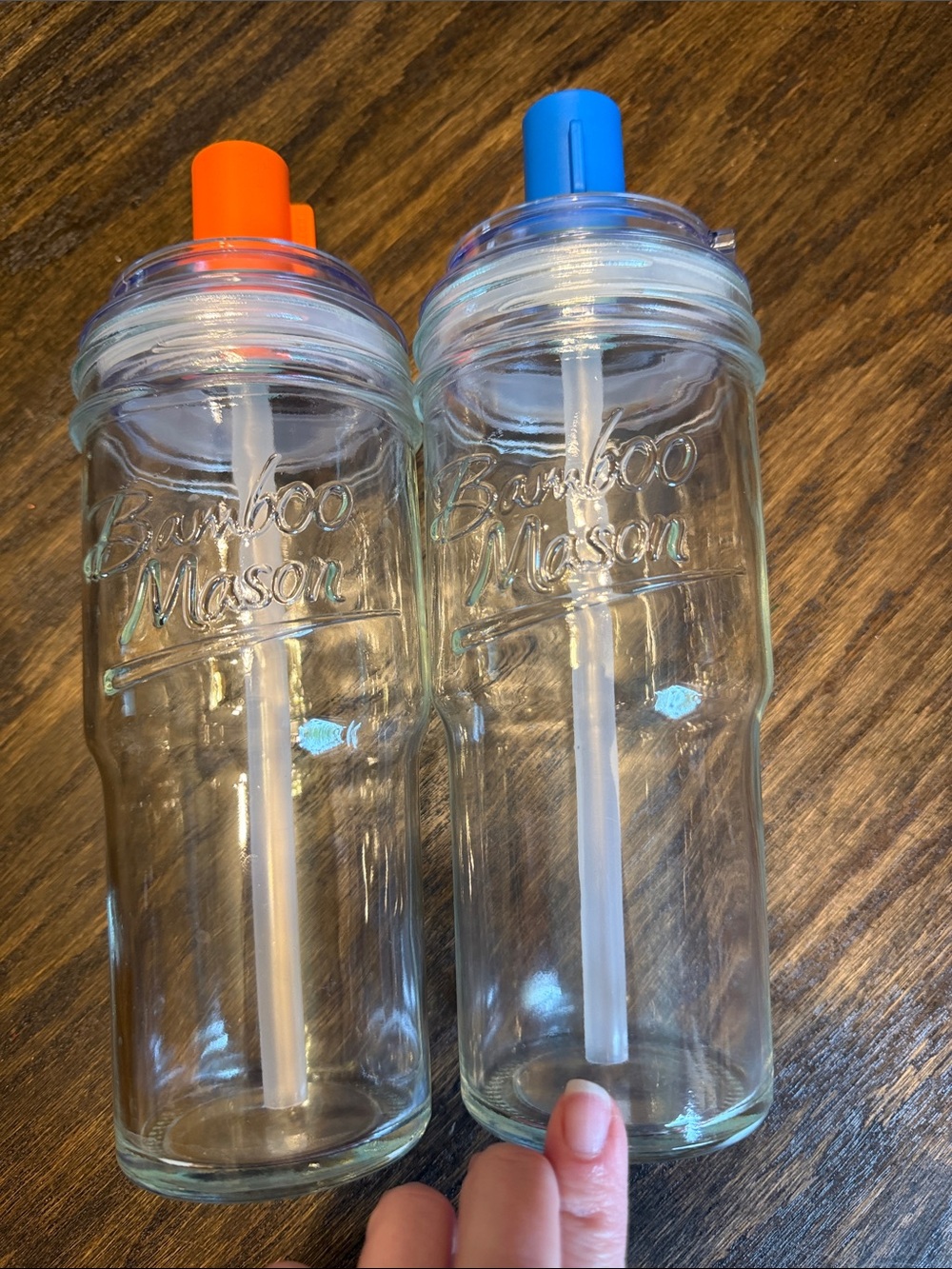 Mason Clear Glass Tumbler Set with Orange & Blue Flip Lids